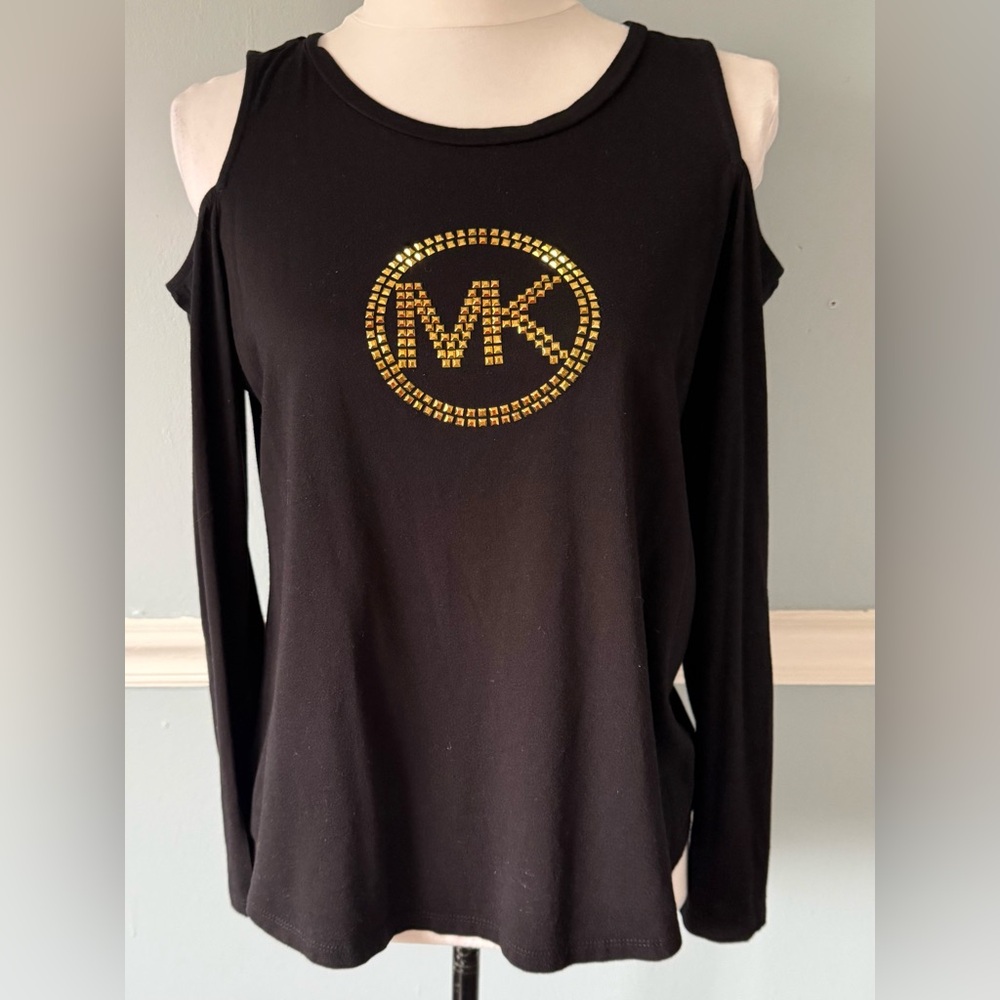 Michael Kors Black Cold Shoulder Top with Gold Accents M
